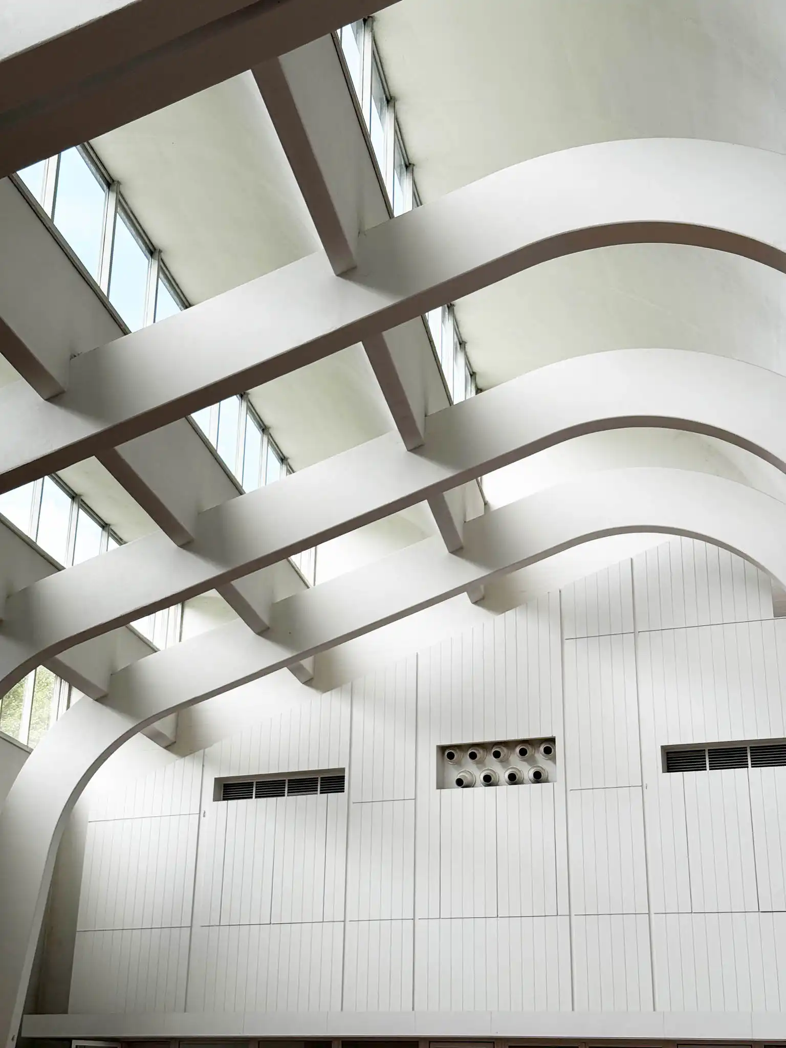 Dettaglio interno soffitto arcato con vetrate a nastro in colore bianco