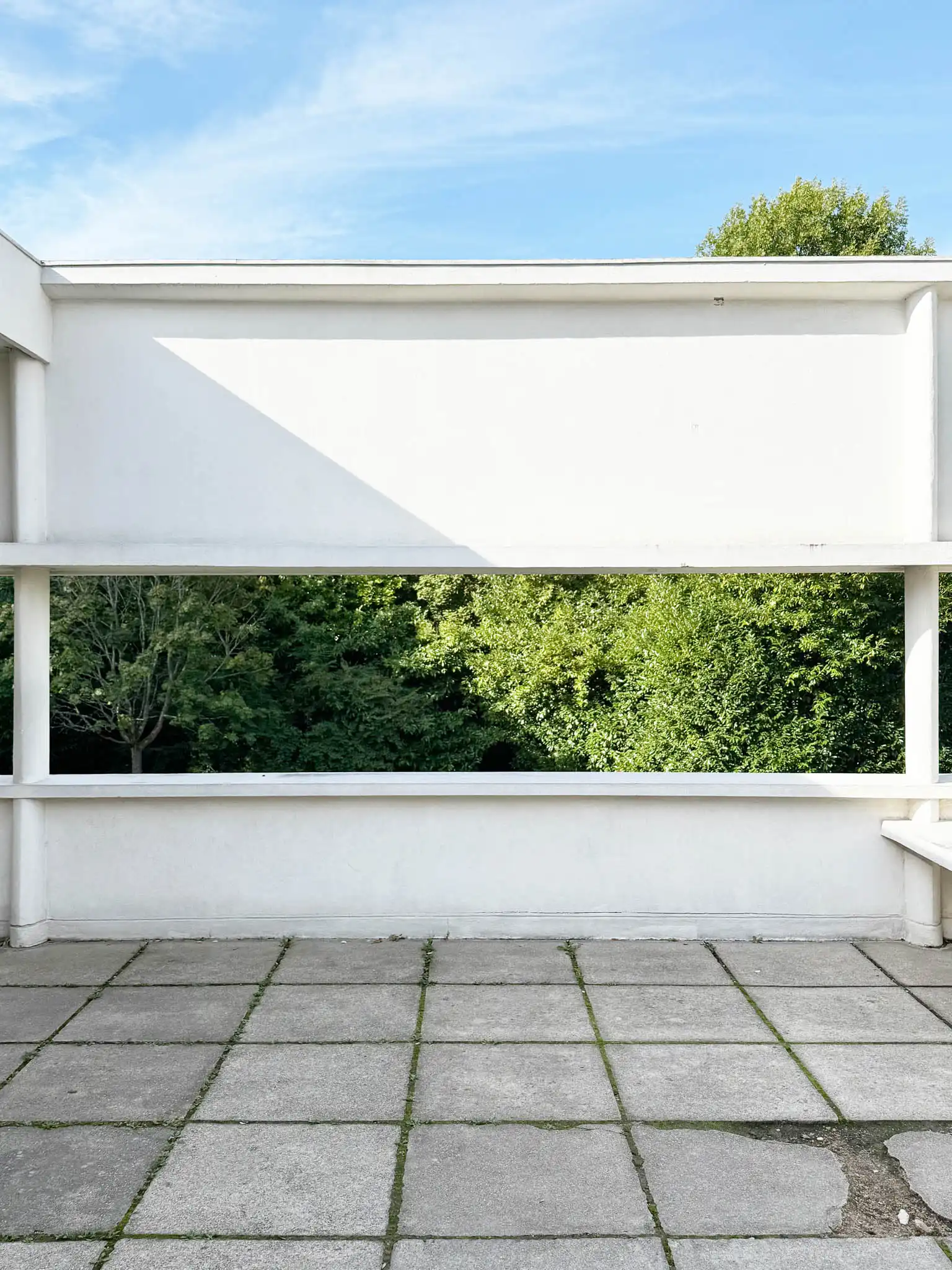 Dettaglio apertura del muro perimetrale della terrazza con vista su bosco